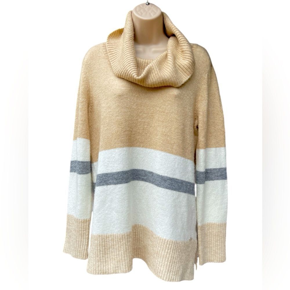DKNYC Womens M Sweater Turtle Neck Pullover Tan White Striped Super soft